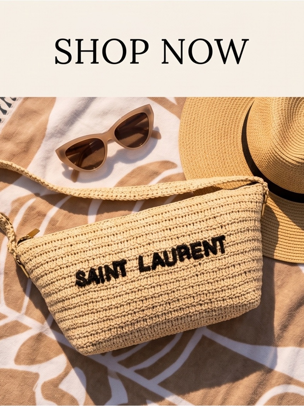 BNWT Saint Laurent Beige Raffia Pouch with Black Logo - Picture 2 of 6